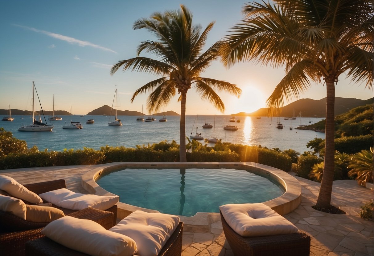 Guests lounging by the pool, sailboats in the distance, palm trees swaying in the breeze, and a beautiful sunset over the crystal-clear waters of the British Virgin Islands
