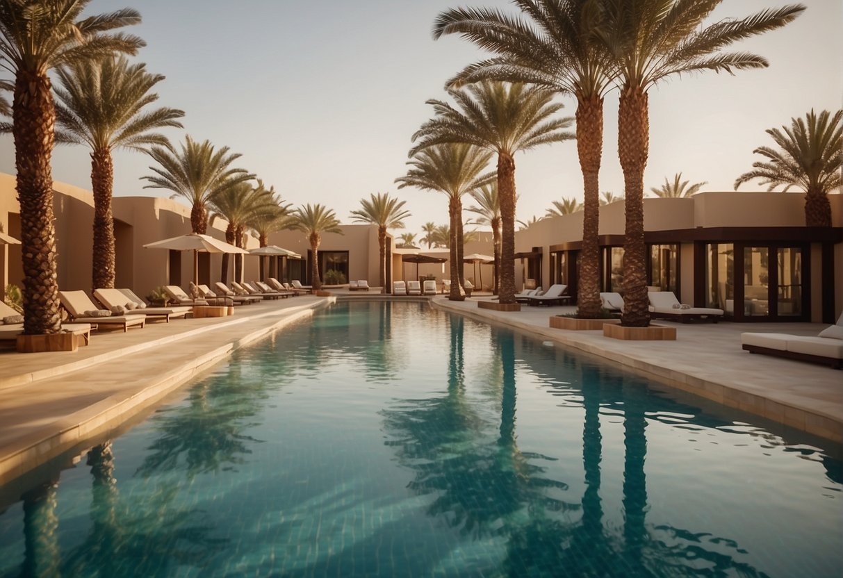 Os hóspedes relaxam em luxuosas piscinas termais e recebem massagens em resorts spa em Abu Dhabi, cercados por palmeiras tranquilas e deslumbrantes paisagens desérticas