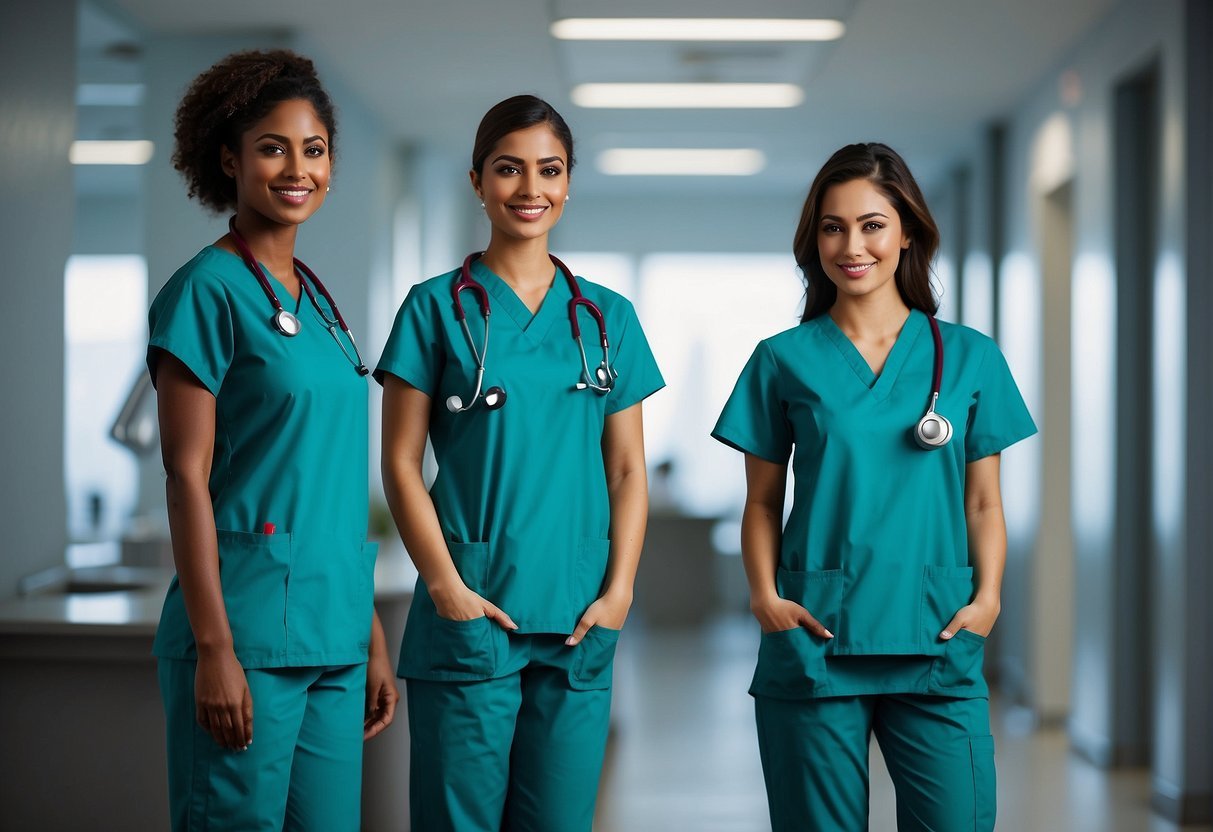 Healthcare professionals in Abu Dhabi, wearing scrubs and stethoscopes, working in modern hospitals and clinics. Requirements include relevant education and licensing