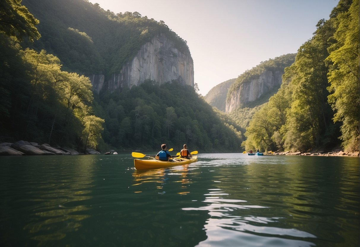 Kayakers paddle through serene waters surrounded by lush greenery and towering cliffs, with the sun casting a warm glow over the picturesque Alabama landscape