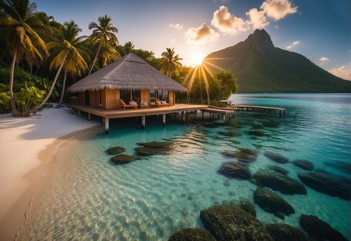 Lush tropical beach with crystal-clear waters, palm trees, and a stunning sunset. A secluded mountain chalet surrounded by blooming wildflowers and snow-capped peaks. A luxurious overwater bungalow in the Maldives with a panoramic view of the