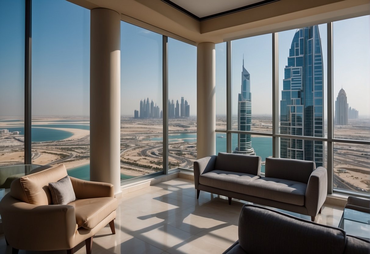 Luxurious hotel apartments in Dubai Media City, with modern architecture and stunning city views