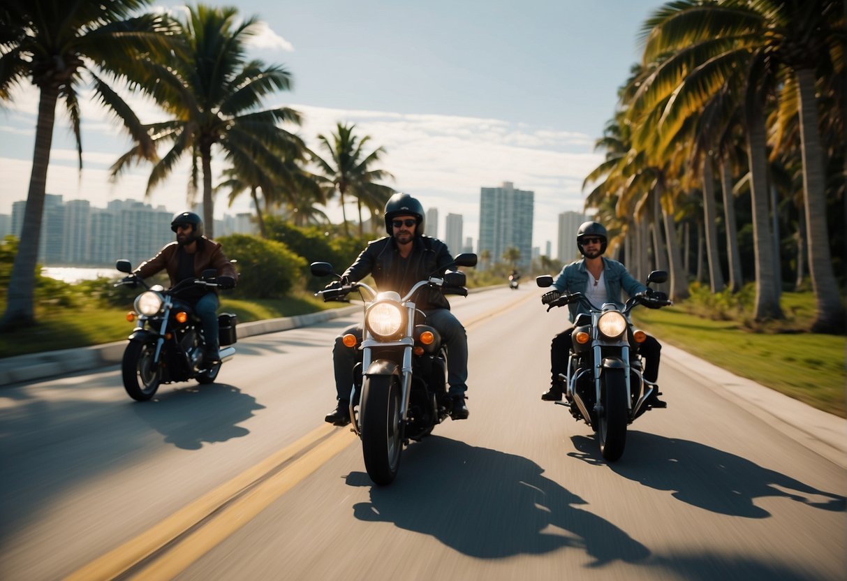 Motorcycle riders cruise along the scenic coastal roads near Miami Beach, Florida, with palm trees swaying in the ocean breeze