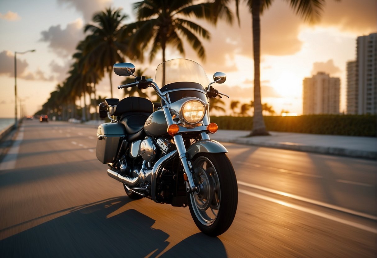 Motocicletas percorrendo estradas costeiras ladeadas por palmeiras perto de Miami Beach, Flórida, com o sol se pondo sobre o oceano ao fundo