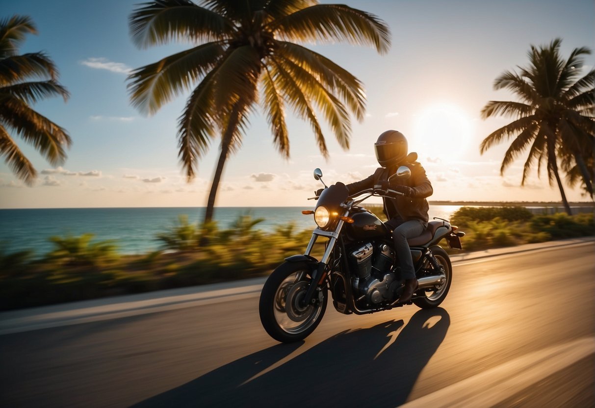 Motorcycles zooming along the coastal highway near Miami Beach, with palm trees swaying in the ocean breeze and the sun setting over the horizon