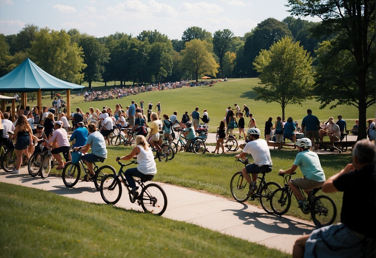 人们在宪法步道上骑自行车，家人在米勒公园野餐，朋友们在城堡剧院欣赏现场音乐