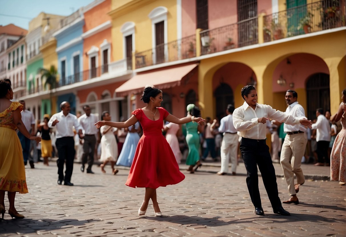 People dancing merengue on the Malecon, vendors selling fresh fruit, and colorful buildings lining the cobblestone streets of the Colonial Zone
