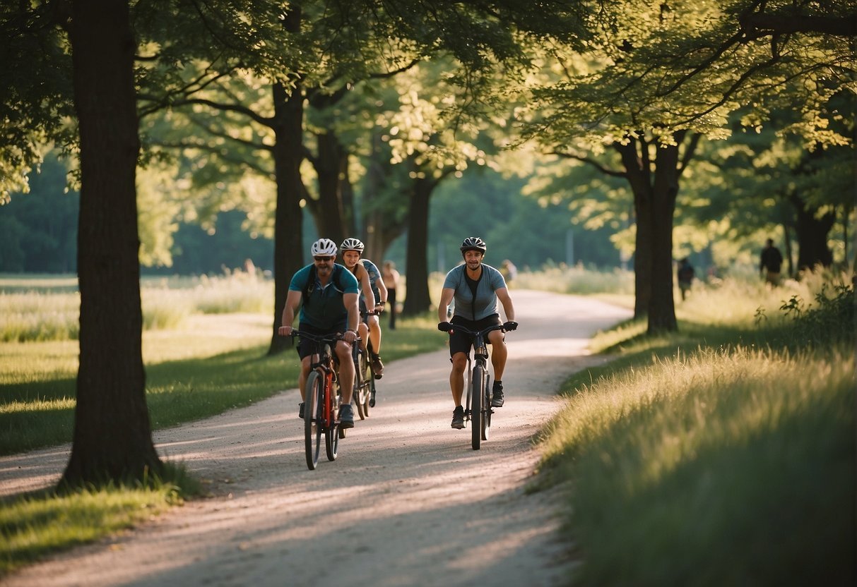 People enjoying outdoor activities in Bloomington, IL: biking, hiking, picnicking, playing sports, and fishing in parks and nature reserves