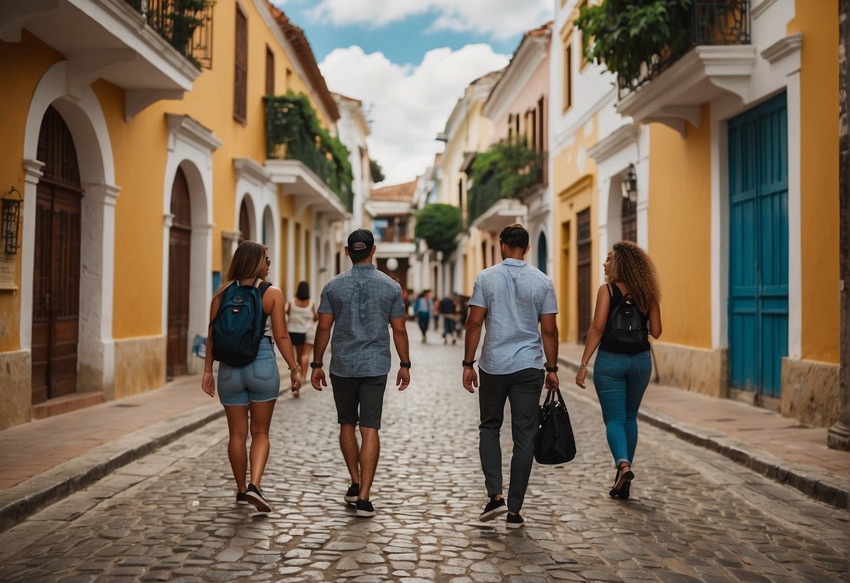 People strolling cobblestone streets, admiring colorful colonial buildings, and exploring historic landmarks in Zona Colonial, Santo Domingo