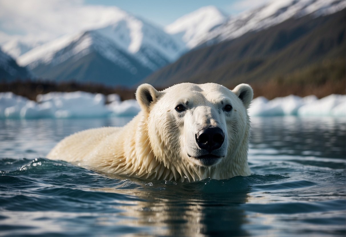 Polar bear swimming in a large, chilled pool surrounded by rocky terrain and a backdrop of snowy mountains