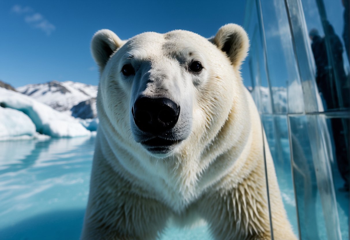 Белые медведи бродят в просторных вольерах, окруженных ледяными пейзажами и прохладной голубой водой, а посетители заглядывают внутрь из-за прочных стеклянных барьеров.