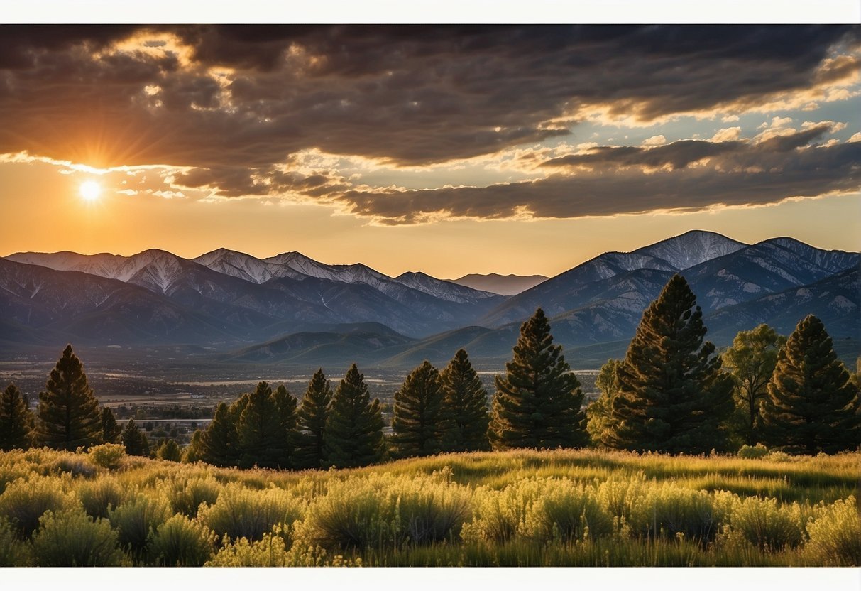 Rolling hills, towering mountains, and lush forests create a breathtaking landscape in Colorado Springs. The sun sets behind Pikes Peak, casting a warm glow over the serene scene