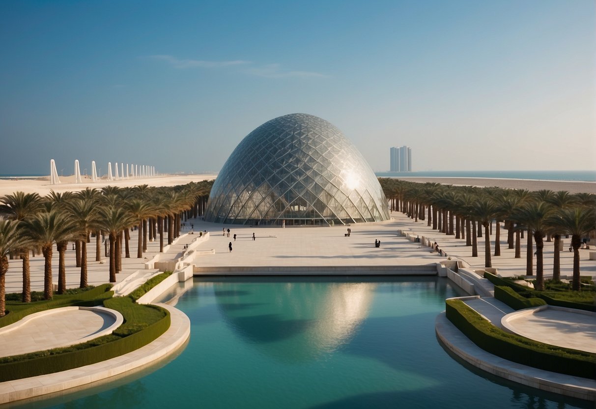 Saadiyat Island: A vibrant blend of art, architecture, and nature. The Louvre Abu Dhabi and the Guggenheim Abu Dhabi stand as iconic landmarks against a backdrop of pristine beaches and lush greenery