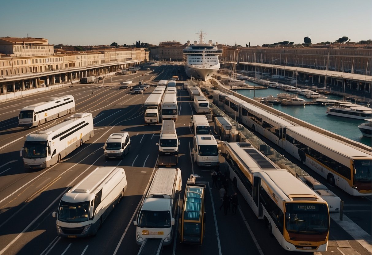 Les navires accostent au port de croisière de Rome. Les passagers montent à bord des bus pour l'aéroport. Les bagages sont chargés dans les véhicules. Les panneaux de l'aéroport guident les voyageurs