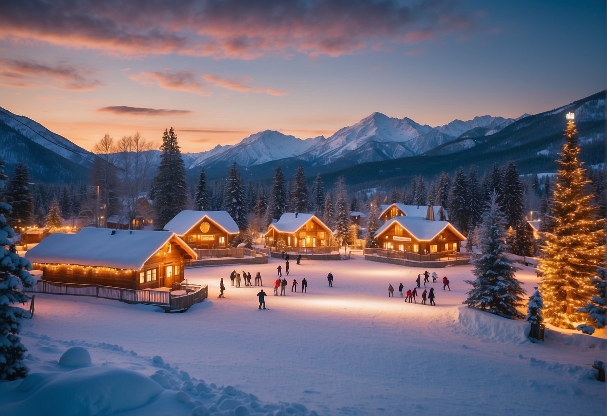 Snow-covered mountains, cozy cabins, festive lights, and ice skating rinks create a picturesque winter scene in the USA's top destinations