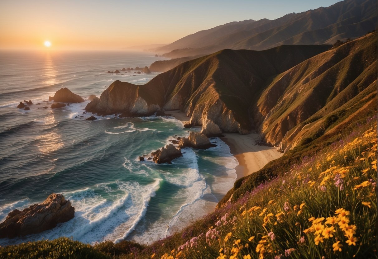 Sunset over Big Sur coastline, waves crashing against rugged cliffs, wildflowers blooming along the Pacific Coast Highway