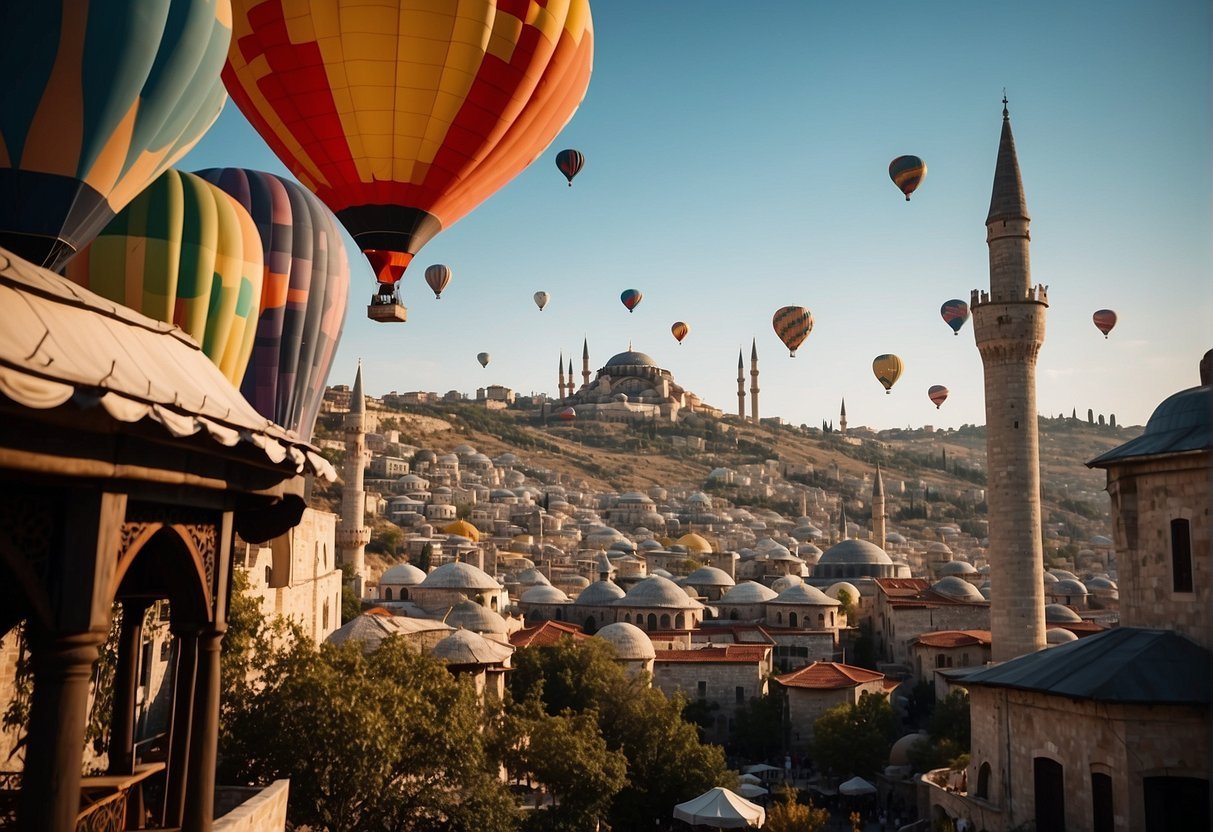 The bustling streets of Istanbul, with colorful bazaars and historic mosques, contrast with the serene landscapes of Cappadocia's fairy chimneys and hot air balloons