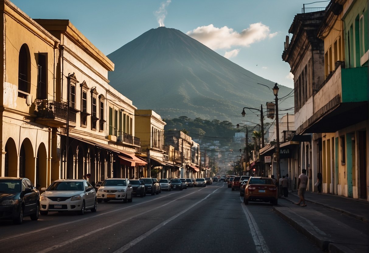 The bustling streets of San Salvador, with its iconic National Palace and the majestic San Salvador volcano in the background