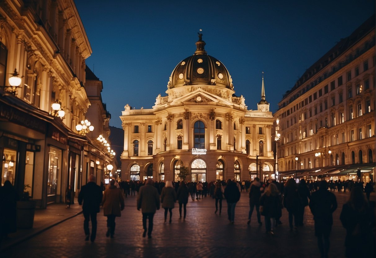 The bustling streets of Vienna at night, with colorful lights illuminating the grand opera house, lively music emanating from the jazz clubs, and the elegant architecture of the historic theaters creating a captivating scene