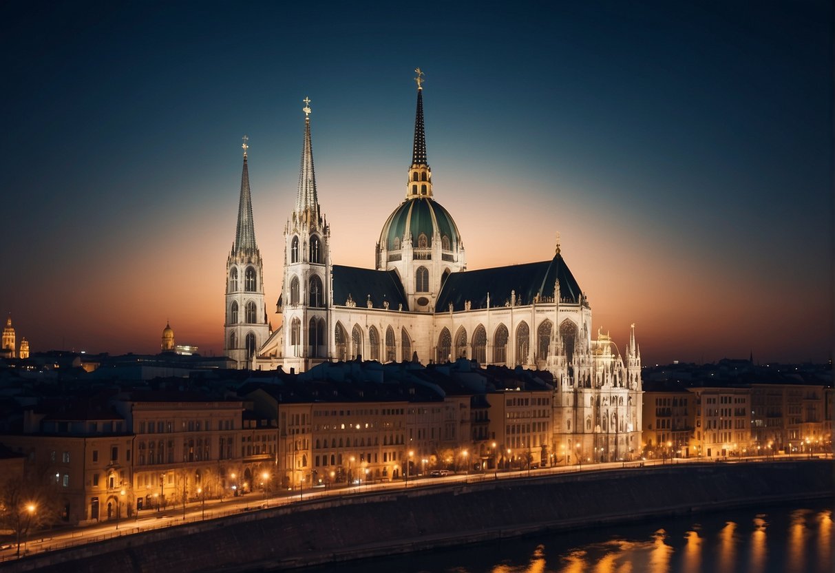 The grandiose St. Stephen's Cathedral illuminated against the night sky, casting a majestic glow over the historic city center of Vienna