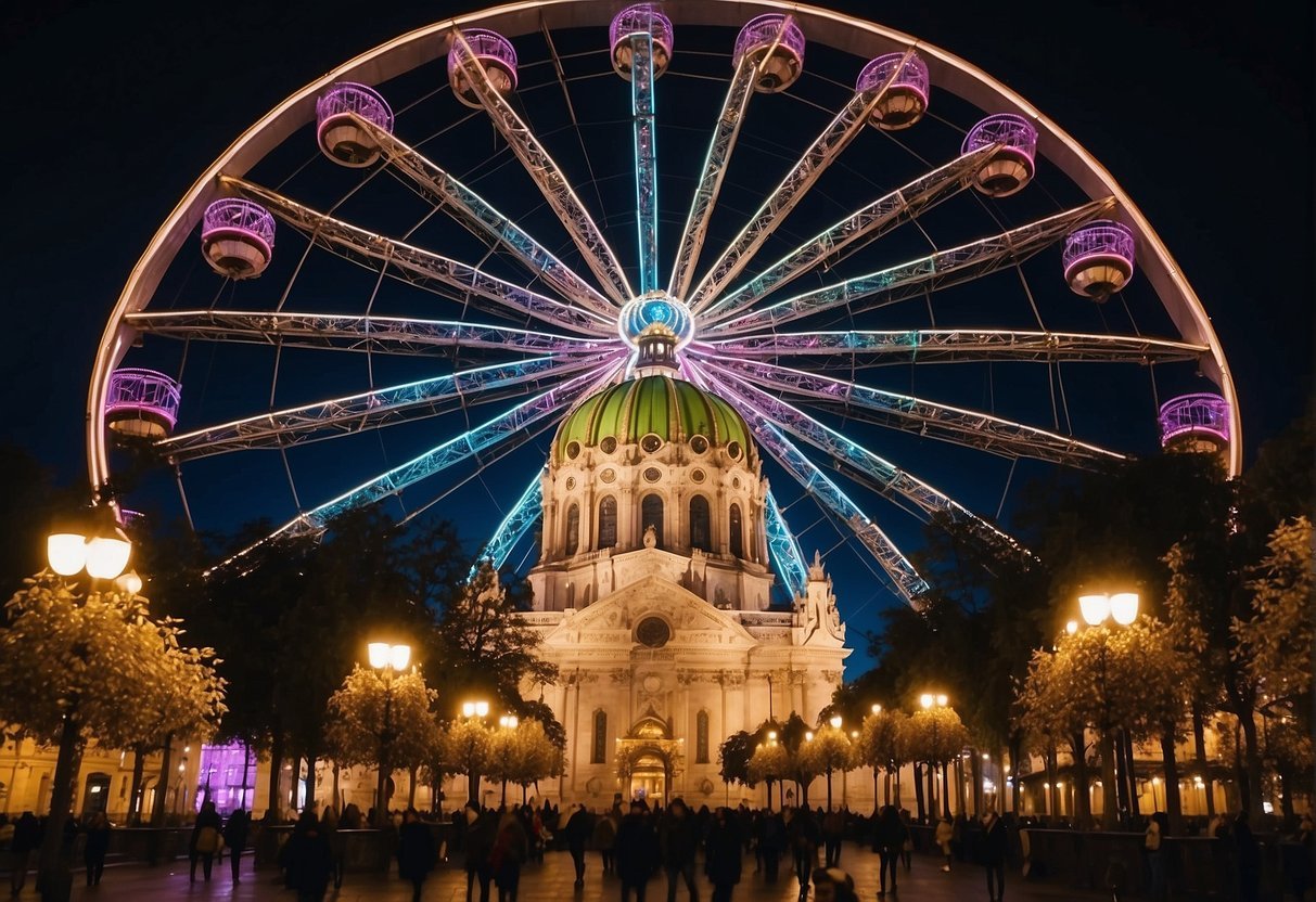 The illuminated St. Stephen's Cathedral stands tall against the dark sky, while the colorful lights of the Prater Ferris wheel create a mesmerizing display. The grandiose architecture of the Hofburg Palace glows under the moonlight, and the