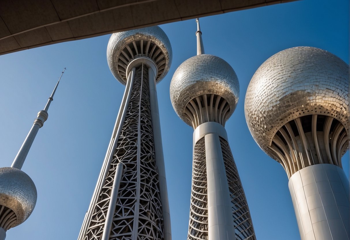 The Kuwait Towers stand tall against a clear blue sky, their sleek silver exteriors gleaming in the sunlight. The three spherical structures are connected by a slender cylindrical shaft, with intricate patterns etched into the metal