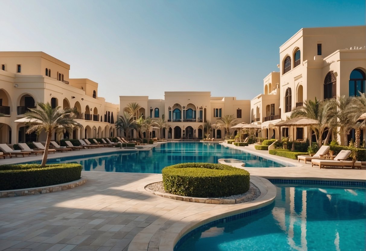 The Liwa Village Compound in Abu Dhabi is a sprawling complex of modern buildings surrounded by lush greenery, with a sparkling swimming pool and tennis courts in the center
