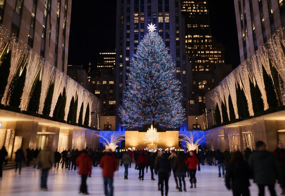 ロックフェラー センターのクリスマス ツリーが夜空を照らし、ニューヨークではアイススケーターやお祭りの装飾に囲まれています