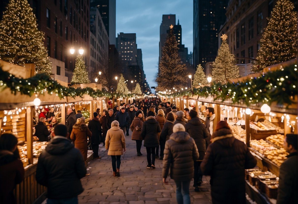 The scene depicts a bustling Christmas market with twinkling lights, festive decorations, and joyful carolers spreading holiday cheer in the heart of New York City