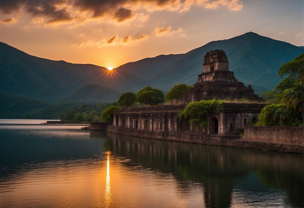 The sun sets behind the majestic ruins of Tazumal, while the vibrant colors of the Santa Ana Volcano stand tall in the distance. The serene waters of Lake Coatepeque reflect the beauty of the surrounding landscape