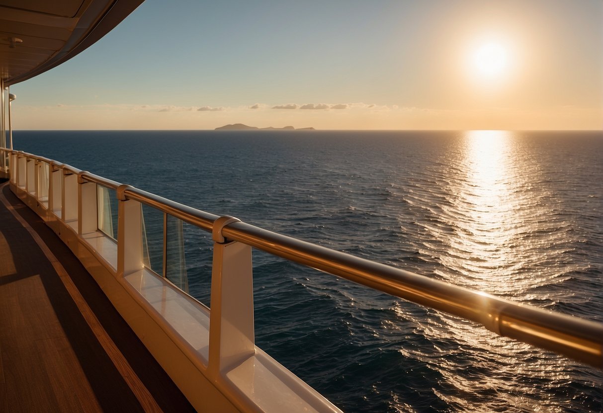 The sun sets over calm waters, casting a warm glow on the luxurious cruise ship. A gentle breeze ruffles the sails as guests enjoy exquisite onboard experiences