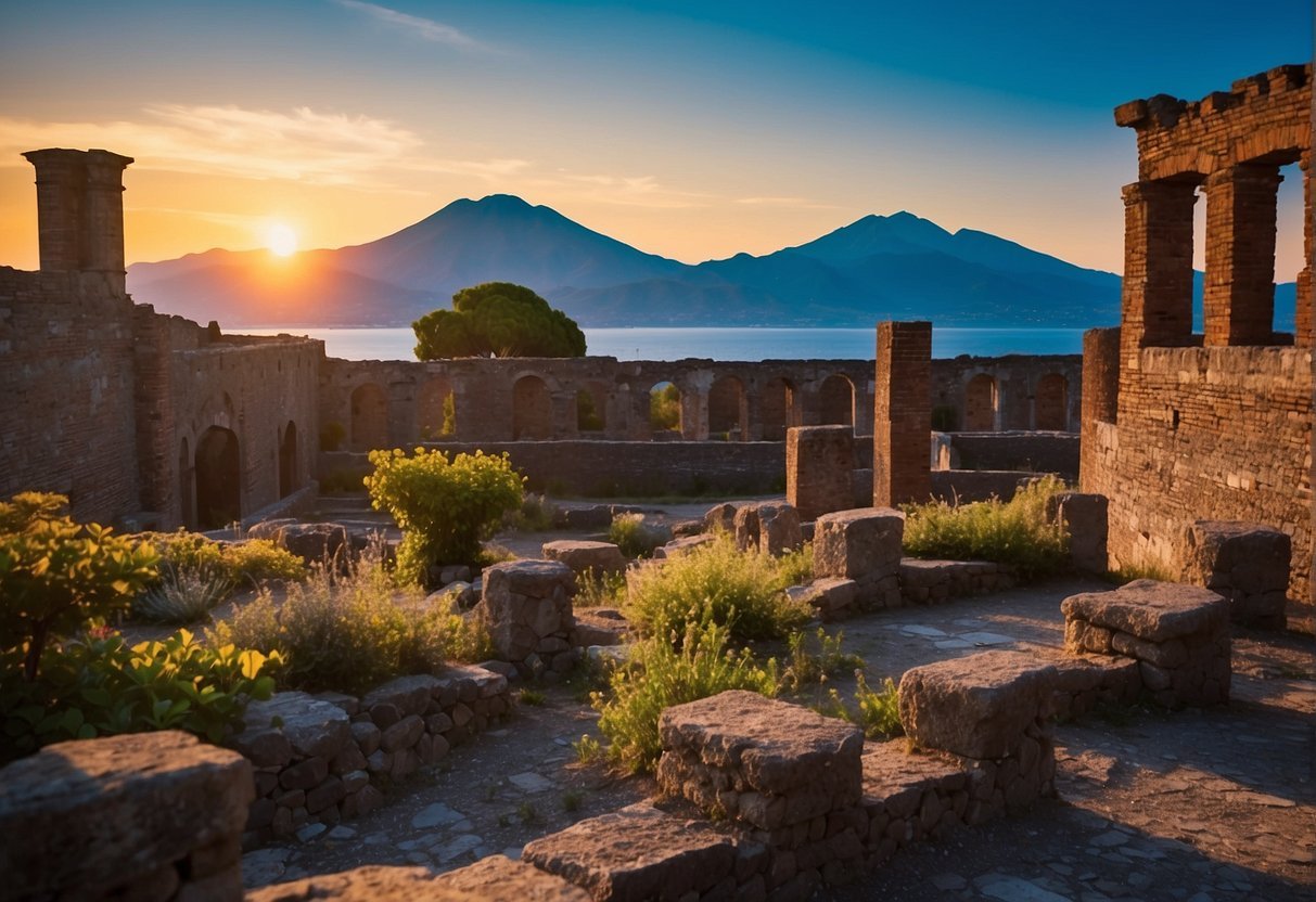 The sun sets over the ancient ruins of Pompeii, with Mount Vesuvius looming in the background. The vibrant colors of the Amalfi Coast stretch out along the sparkling blue waters of the Mediterranean Sea