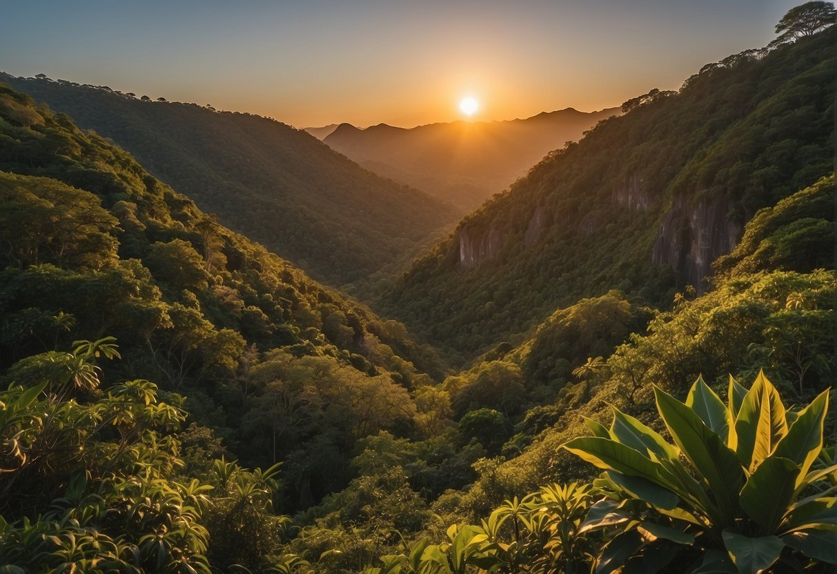 The sun sets over the dramatic cliffs of the El Boquerón National Park, revealing the lush greenery and volcanic landscapes of El Salvador