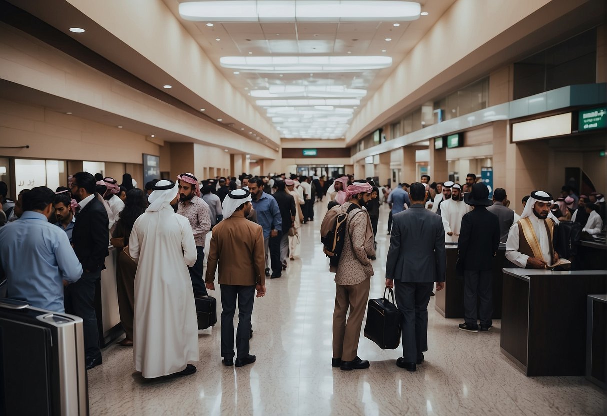 The visa agency in Saudi Arabia bustles with people submitting documents and waiting in line for their turn. Signs in Arabic and English are displayed prominently