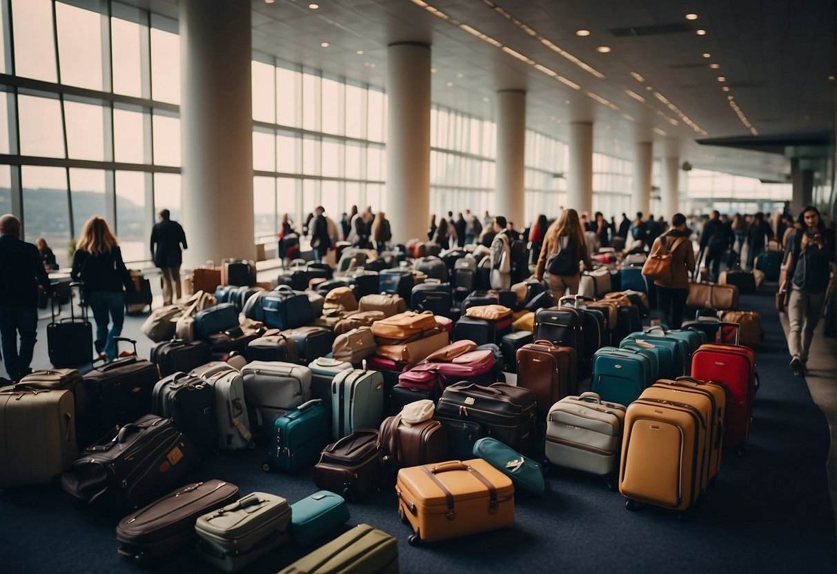 Travelers packing too much, missing flights, and getting lost. Overbooking tours and not researching destinations. Illustrate a chaotic airport, overloaded suitcases, and confused tourists