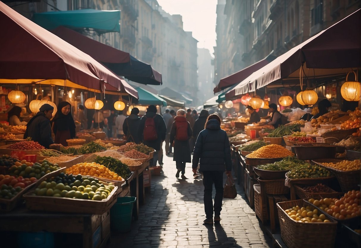 カラフルな異国の都市のにぎやかな通りには、活気に満ちた市場の屋台が並んでいます。屋台の食べ物の香りが空気に満ちる中、さまざまな人々が商品を値切り交渉します