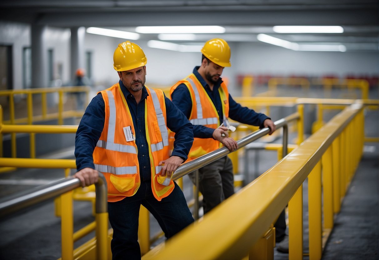 Workers wearing hard hats and safety vests while using handrails and caution signs in a clean and organized work area