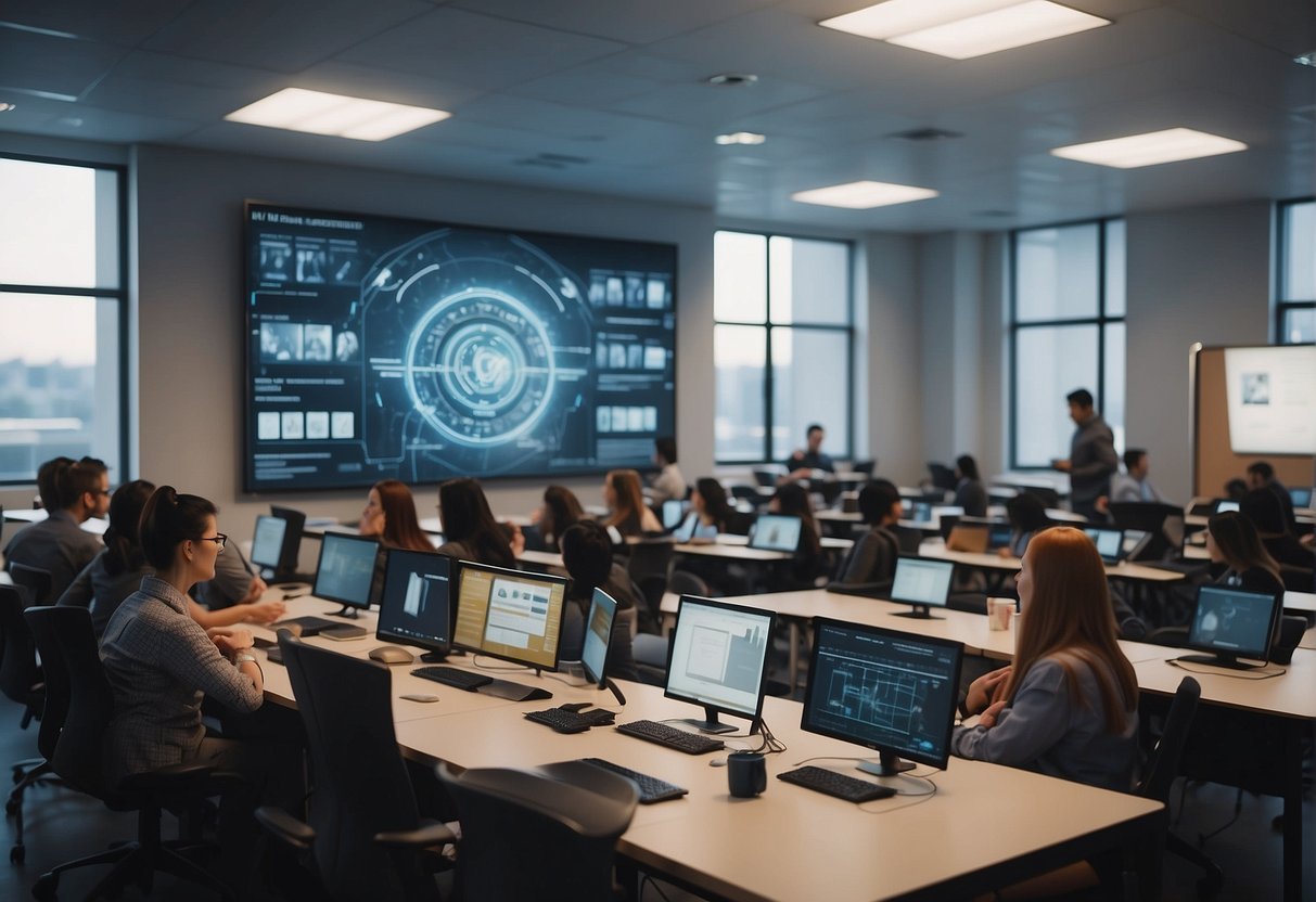 A classroom in a futuristic setting with AI textbooks, interactive screens, and students engaged in hands-on learning activities