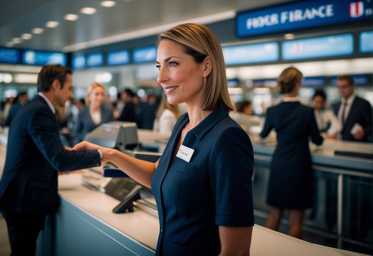 An Air France travel agent assists customers at a busy airport counter. Luggage and flight information displays are visible in the background