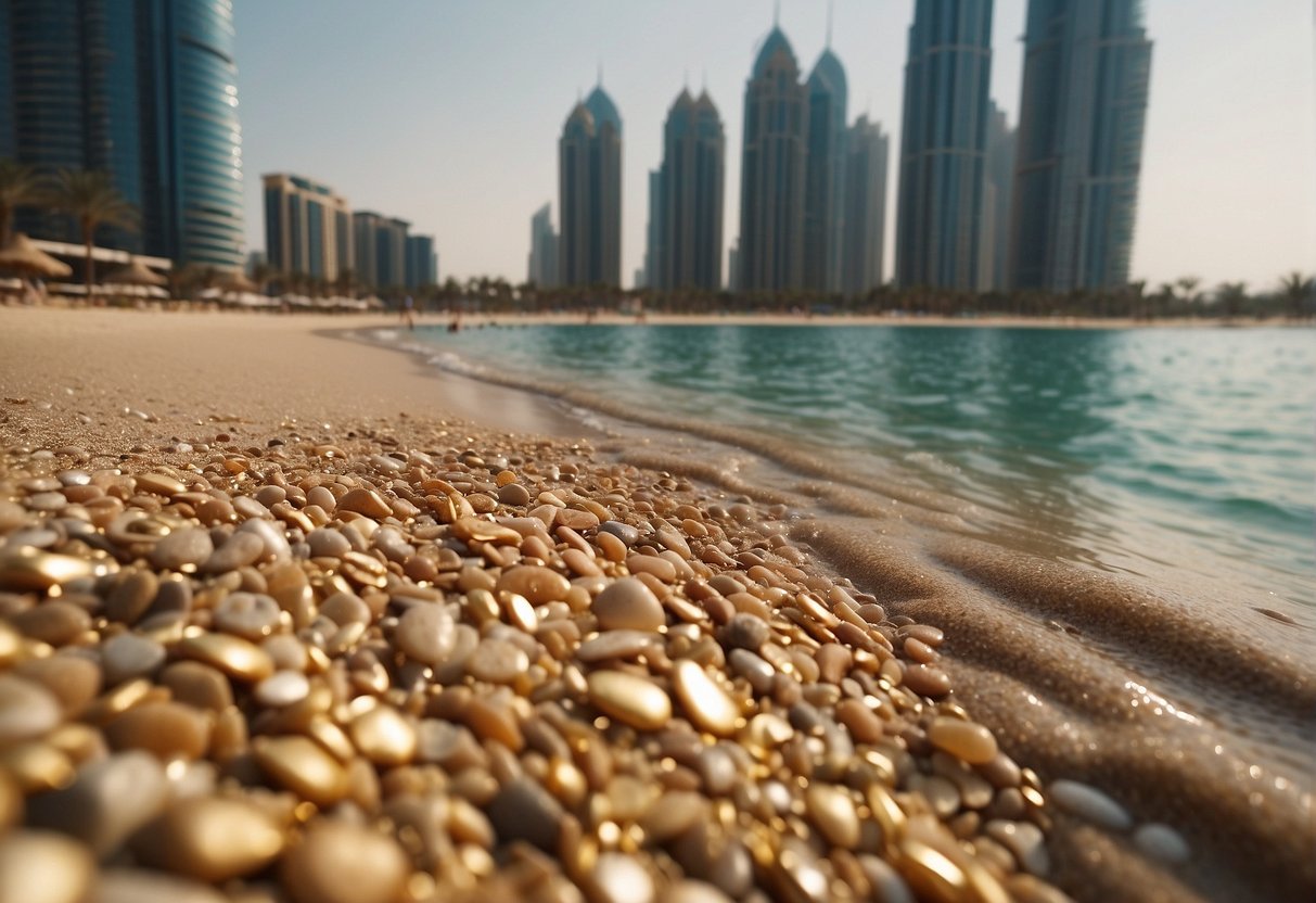 The golden sand of Dubai beaches stretches along the coastline, with crystal clear waters lapping at the shore, framed by towering skyscrapers and luxury resorts