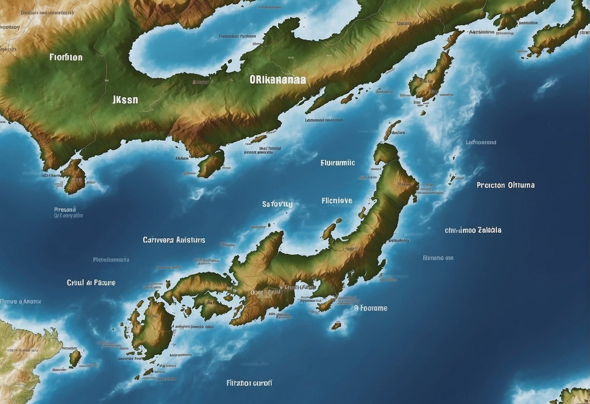 A map of Japan and Okinawa with labeled geographic features and climate zones