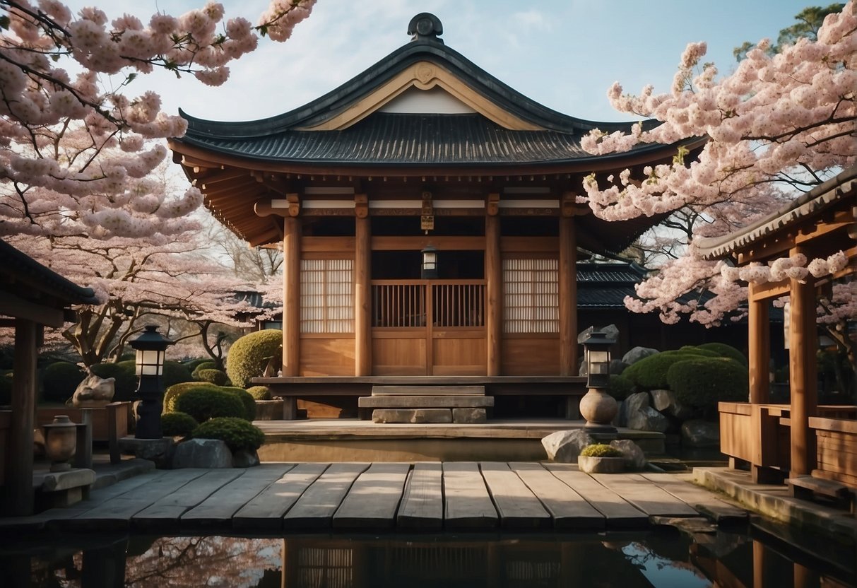 A traditional Japanese bathhouse with wooden architecture and lanterns, surrounded by cherry blossom trees and a serene garden