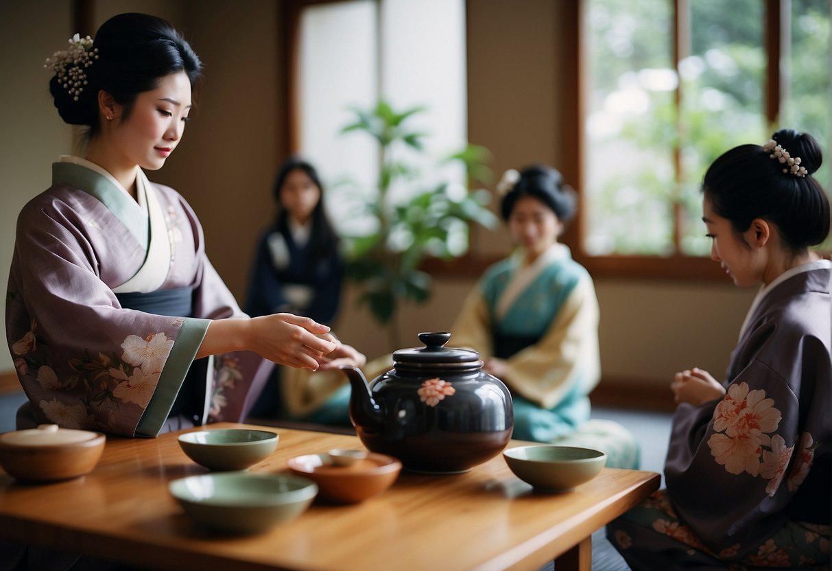 A traditional Japanese tea ceremony is being held at the Australia Japan Society, with guests dressed in elegant kimonos and enjoying the serene ambiance