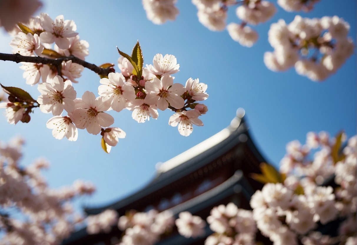 Cherry blossoms bloom in Japan. Petals drift on gentle spring breeze. Temples and pagodas stand against blue sky