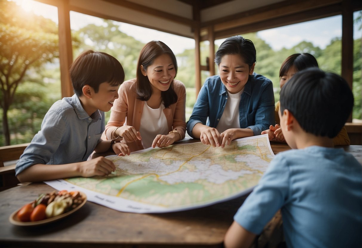 Families gather around a map, pointing to various destinations in Japan. Excitement fills the air as they plan their visit