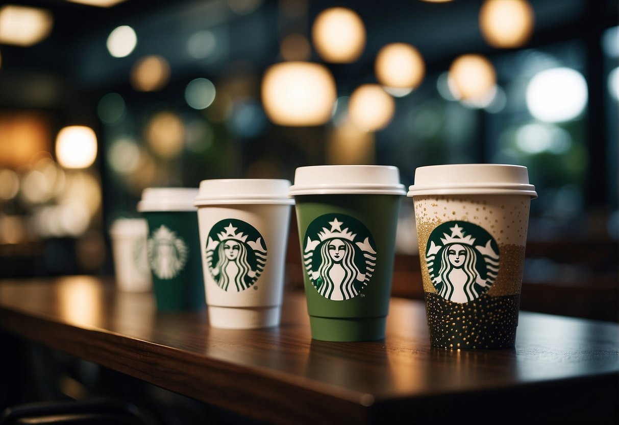 Starbucks cups evolving from traditional Japanese designs to modern ones in a bustling Japanese city