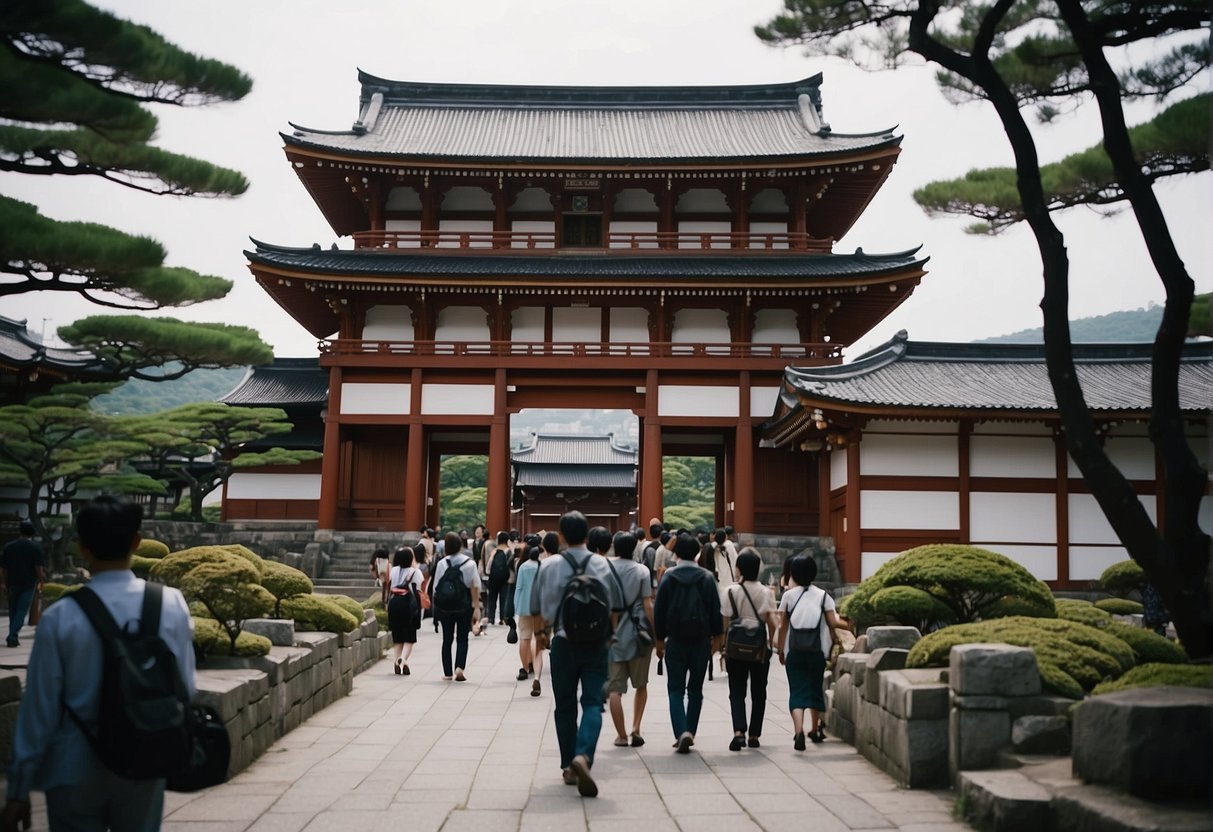 Tourists visit Tokyo, Kyoto, and Hiroshima, admiring ancient temples, bustling cityscapes, and poignant memorials