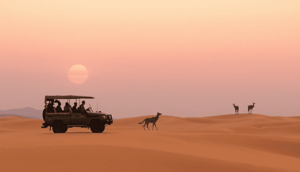 a jeep with people in it in the desert safari