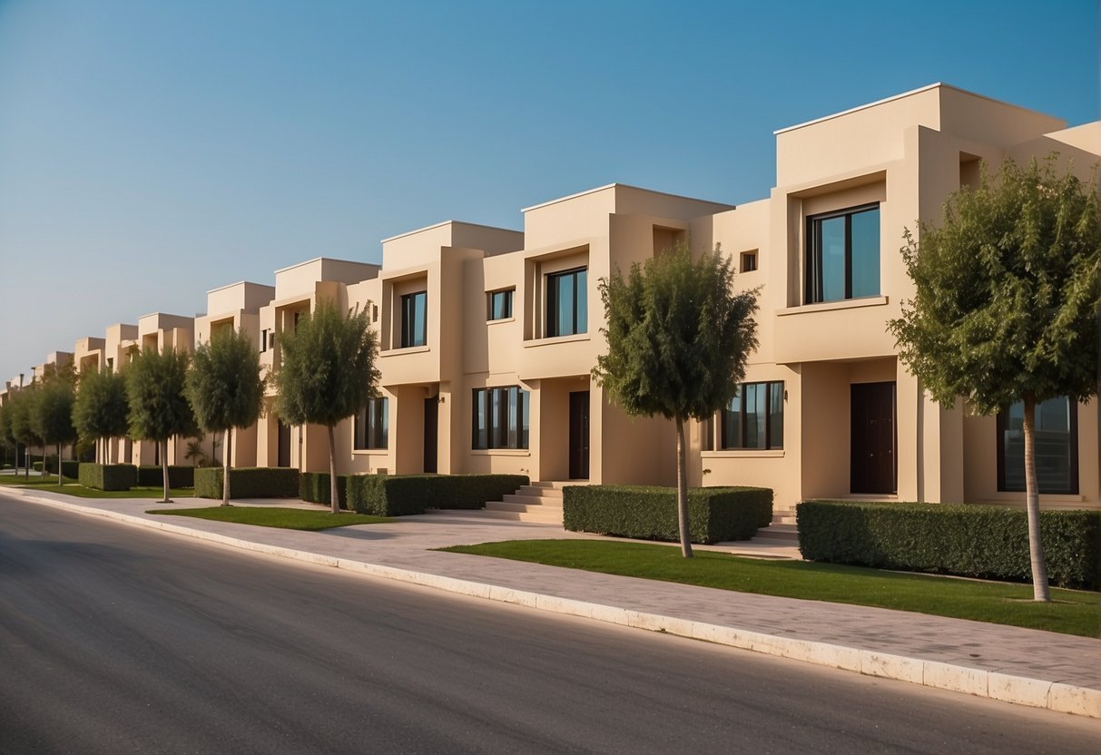 A row of modern villas lines a tree-lined street in Sharjah, showcasing the diverse options available in the villa market