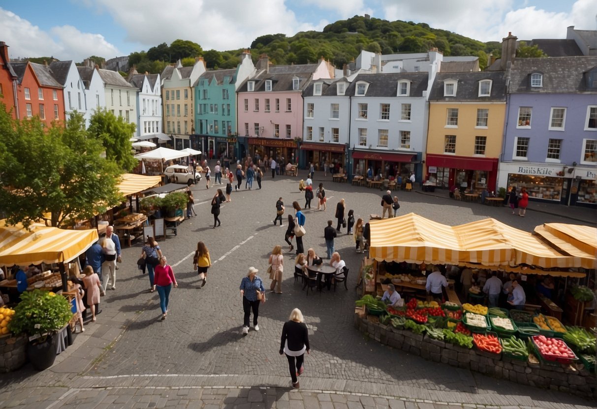Colorful buildings line the cobblestone streets of Cork, with people enjoying outdoor cafes and live music. A bustling market offers fresh produce and handmade crafts, while a historic castle overlooks the city